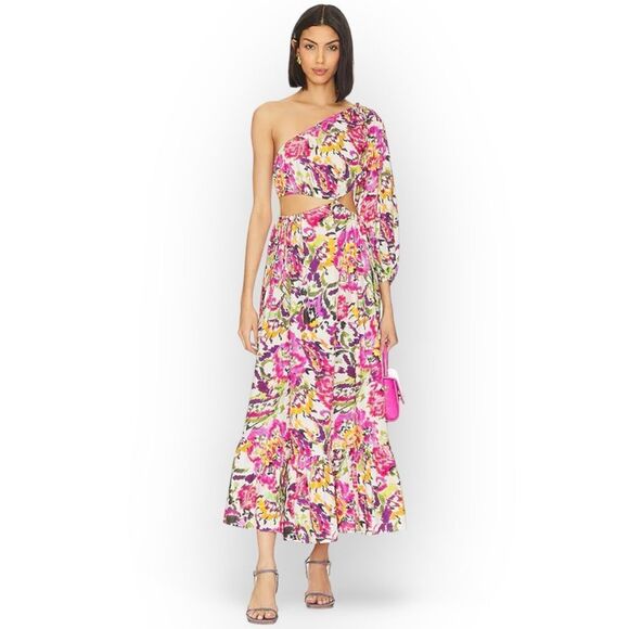 Misa Mahika Maxi Dress XS Floral Multicolor One Shoulder‎ Adjustable Waist Tie - Picture 1 of 11